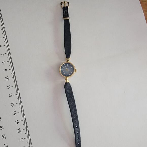 Ladies Tiny Gold Timex Indiglo Date Watch | Blue Leather  Vintage Timex Womens Watch Round Blue Dial Gold Tone Black Leather Dress Analog